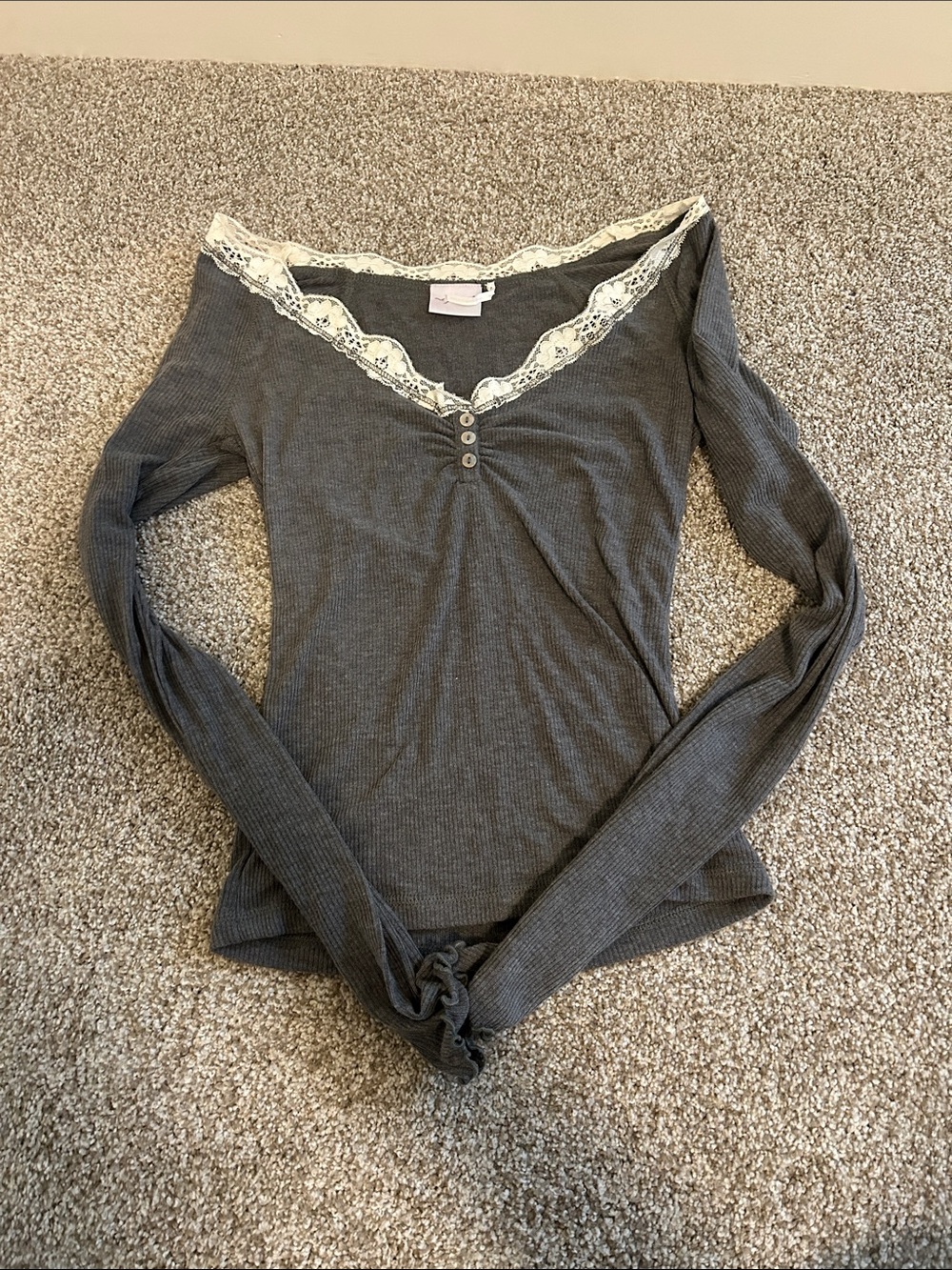 Urban Outfitters Gray Ribbed Long Sleeve Top with Cream Lace Trim